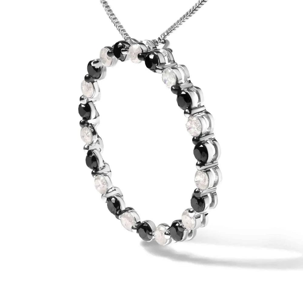 .925 sterling silver 1 3/4 cttw alternating black and white diamond open circle hoop pendant necklace (h i color i2 i3 clarity)