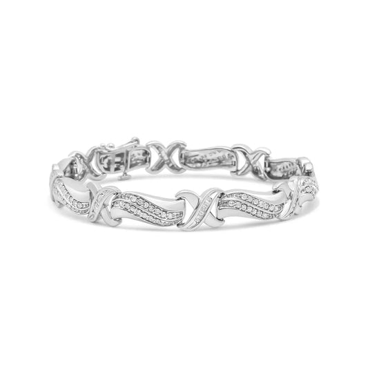 .925 Sterling Silver 1 3/4 Cttw Diamond Wave and X Link Tennis Bracelet (I-J Color, I3 Clarity) - 7" - Bijoux-NYC Direct