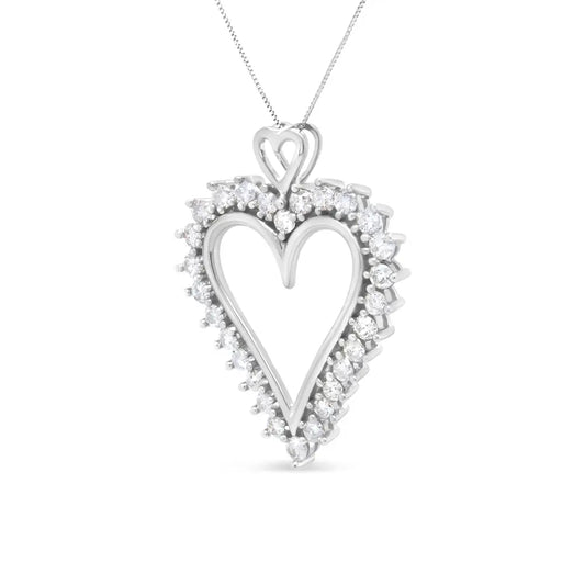 .925 Sterling Silver 1 3/4 Cttw Round Diamond Lined Open Heart Pendant 18" Necklace (I-J Color, I2-I3 Clarity) - Bijoux-NYC Direct