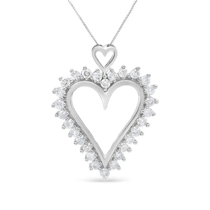 .925 Sterling Silver 1 3/4 Cttw Round Diamond Lined Open Heart Pendant 18" Necklace (I-J Color, I2-I3 Clarity) - Bijoux-NYC Direct