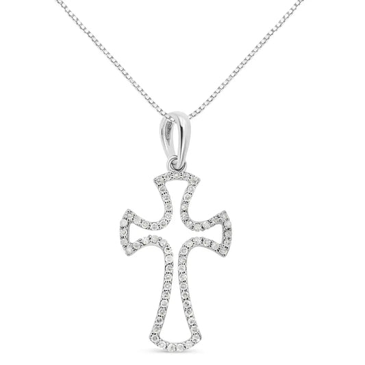 .925 Sterling Silver 1/3 Cttw Diamond Framed Open Cross 18" Pendant Necklace (J-K Color, I2-I3 Clarity) - Bijoux-NYC Direct