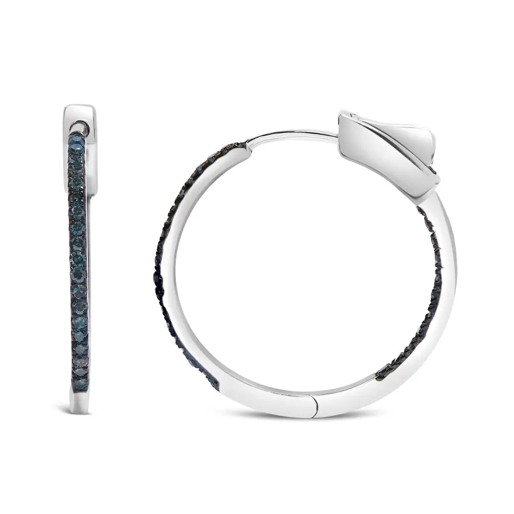 Sterling silver 1/3 cttw inside out blue diamond 1mm hoop earrings bijoux-nyc direct