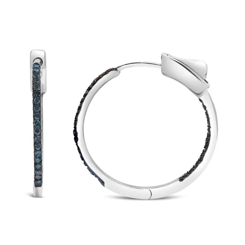 .925 sterling silver 1/3 cttw inside out blue treated diamond 1mm wide hoop earrings (blue color i2-i3 clarity)