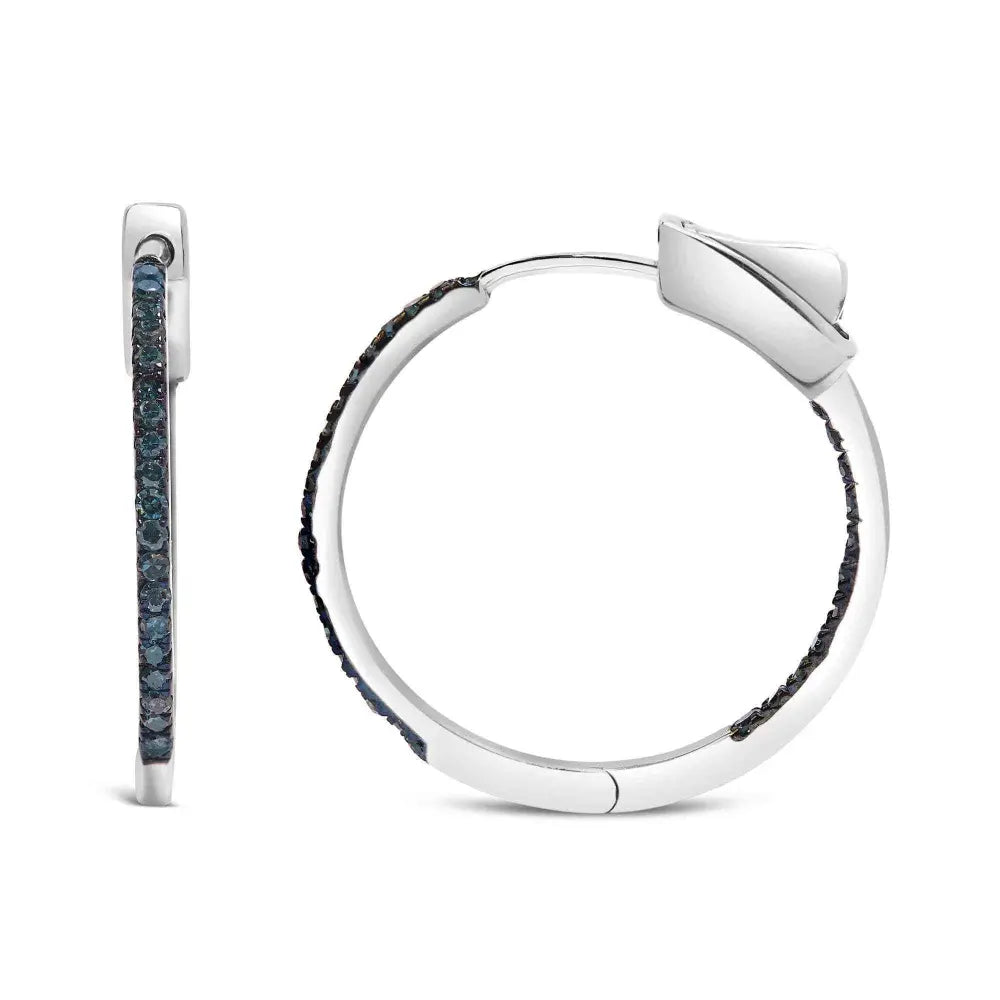 .925 Sterling Silver 1/3 Cttw Inside Out Blue Treated Diamond 1MM Wide Hoop Earrings (Blue Color, I2-I3 Clarity) - Bijoux-NYC Direct