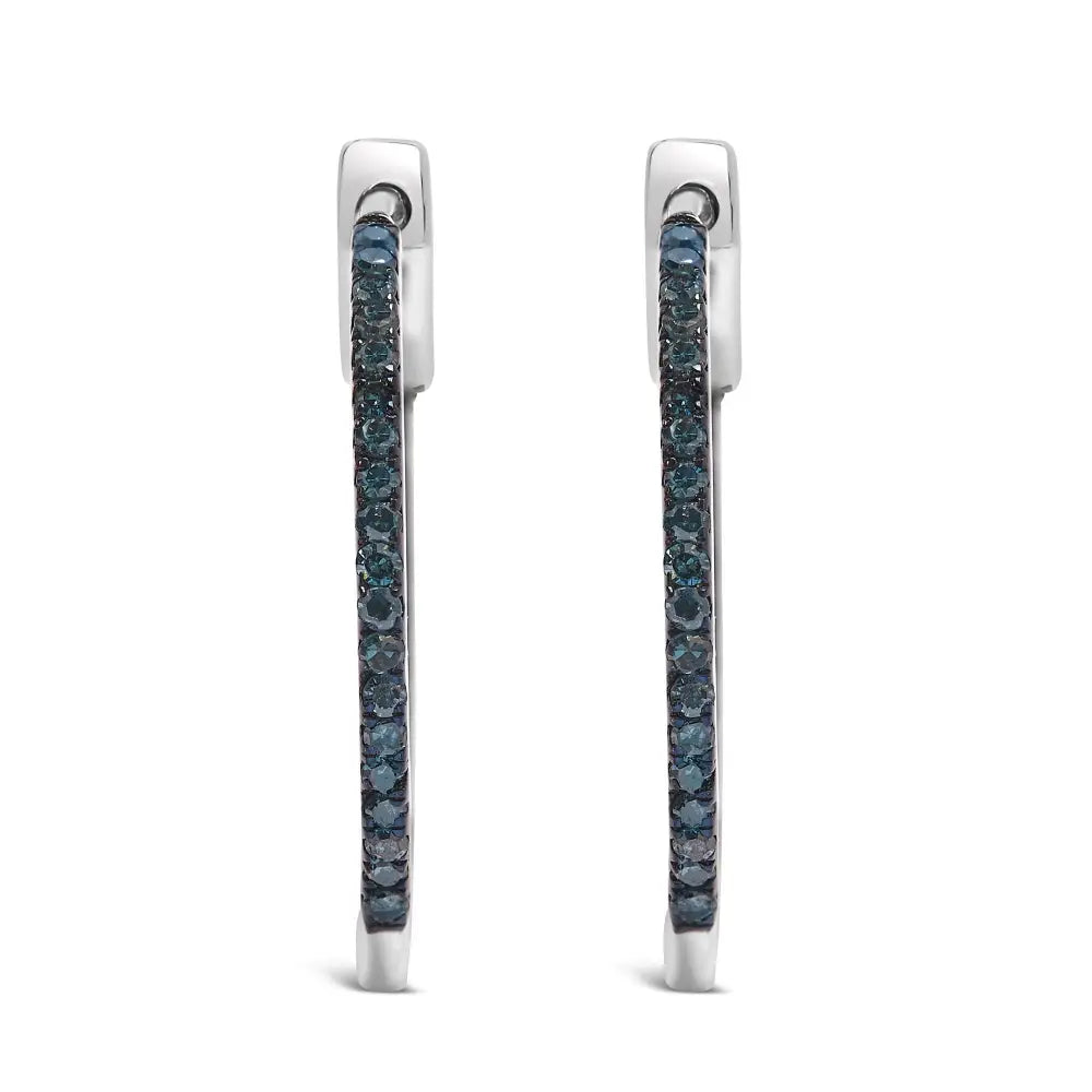 Sterling silver 1/3 cttw inside out blue diamond 1mm hoop earrings bijoux-nyc direct
