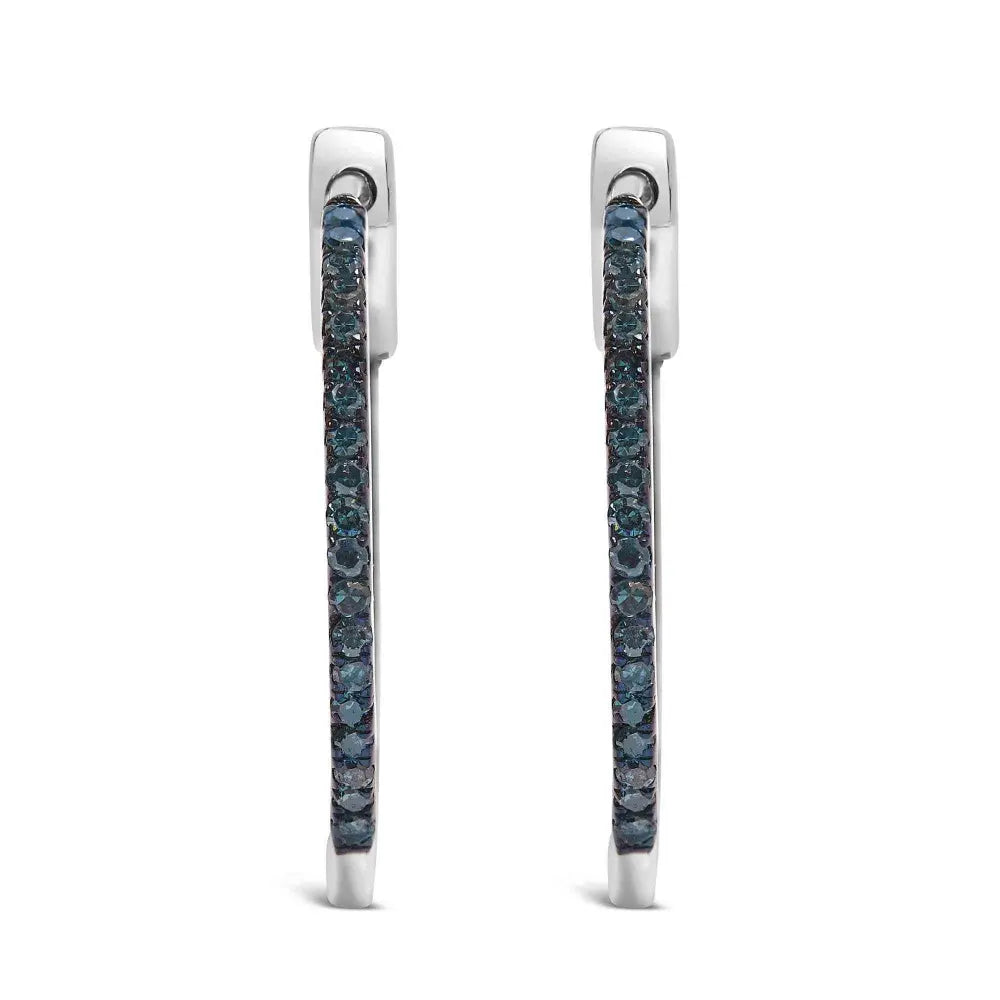 .925 Sterling Silver 1/3 Cttw Inside Out Blue Treated Diamond 1MM Wide Hoop Earrings (Blue Color, I2-I3 Clarity) - Bijoux-NYC Direct