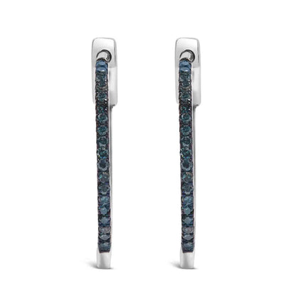.925 Sterling Silver 1/3 Cttw Inside Out Blue Treated Diamond 1MM Wide Hoop Earrings (Blue Color, I2-I3 Clarity) - Bijoux-NYC Direct