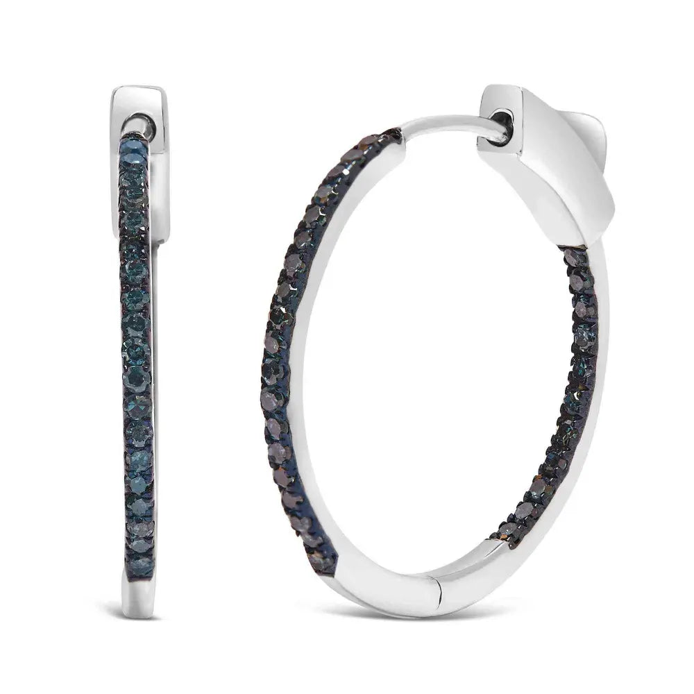 .925 Sterling Silver 1/3 Cttw Inside Out Blue Treated Diamond 1MM Wide Hoop Earrings (Blue Color, I2-I3 Clarity) - Bijoux-NYC Direct