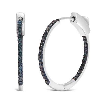 .925 Sterling Silver 1/3 Cttw Inside Out Blue Treated Diamond 1MM Wide Hoop Earrings (Blue Color, I2-I3 Clarity) - Bijoux-NYC Direct