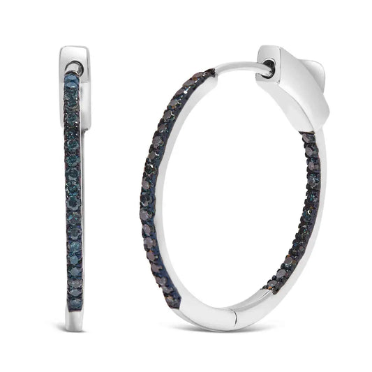 .925 Sterling Silver 1/3 Cttw Inside Out Blue Treated Diamond 1MM Wide Hoop Earrings (Blue Color, I2-I3 Clarity) - Bijoux-NYC Direct