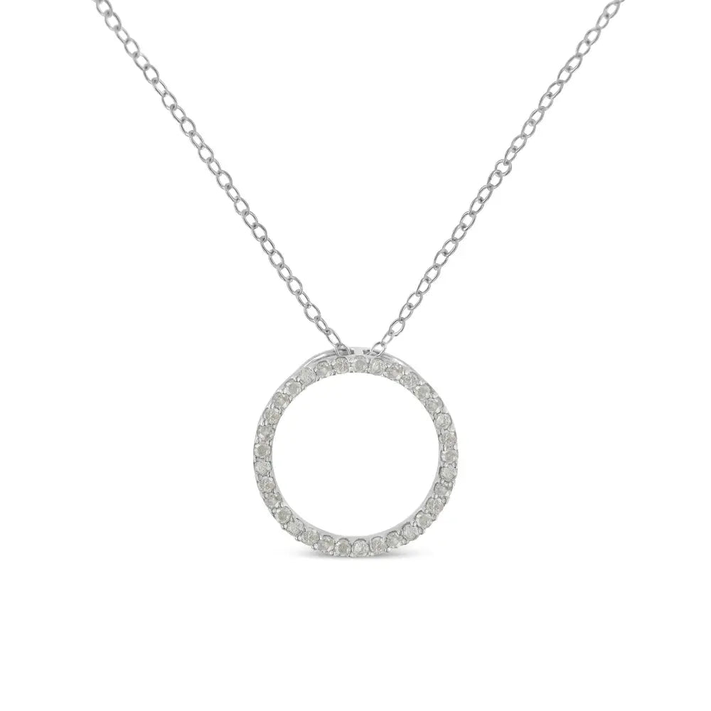 .925 Sterling Silver 1/3 Cttw Round-Cut Diamond Open Circle Halo 18" Pendant Necklace (I-J Color, I2-I3 Clarity) - Bijoux-NYC Direct