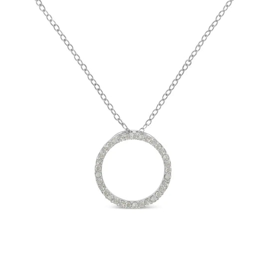 .925 Sterling Silver 1/3 Cttw Round-Cut Diamond Open Circle Halo 18" Pendant Necklace (I-J Color, I2-I3 Clarity) - Bijoux-NYC Direct