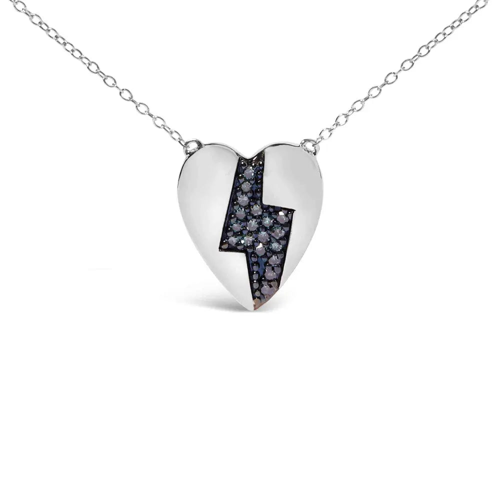 925 sterling silver 1/3 ctw blue diamond heart and lightning bolt pendant necklace (blue color si1 si2 clarity) 18’’ inches