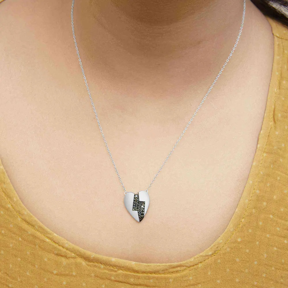 925 sterling silver 1/3 ctw blue diamond heart and lightning bolt pendant necklace (blue color si1 si2 clarity) 18’’ inches