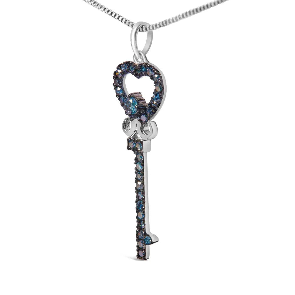 .925 sterling silver 1/3 ctw blue diamond studded key 18’’ pendant necklace (blue color i2 i3 clarity) necklaces/pendant/pendant