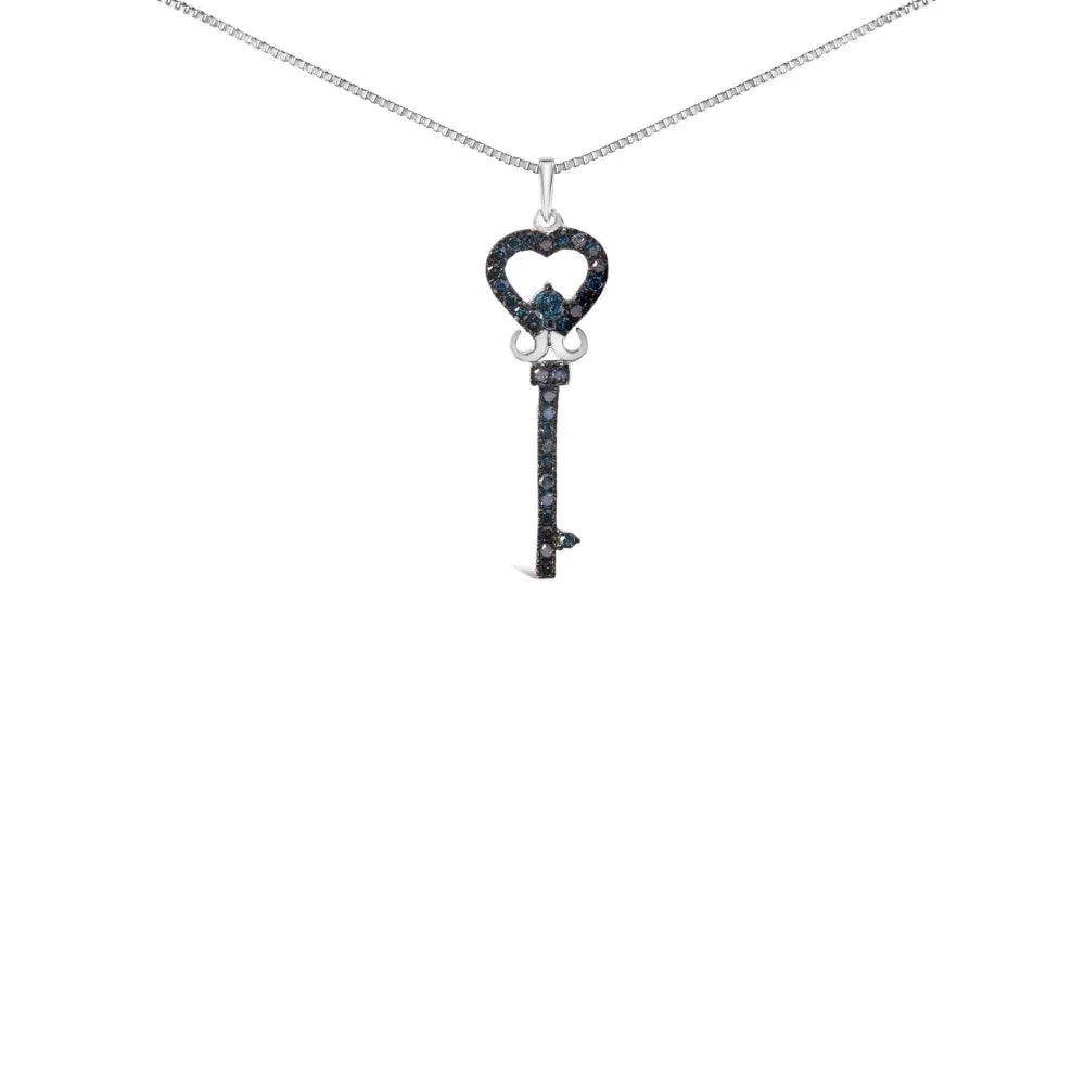 .925 sterling silver 1/3 ctw blue diamond studded key 18’’ pendant necklace (blue color i2 i3 clarity) necklaces/pendant/pendant