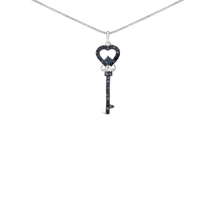 .925 sterling silver 1/3 ctw blue diamond studded key 18’’ pendant necklace (blue color i2 i3 clarity) necklaces/pendant/pendant