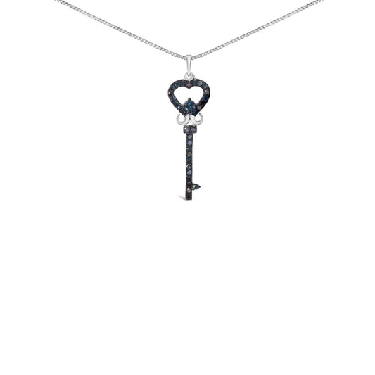 .925 sterling silver 1/3 ctw blue diamond studded key 18’’ pendant necklace (blue color i2 i3 clarity) necklaces/pendant/pendant