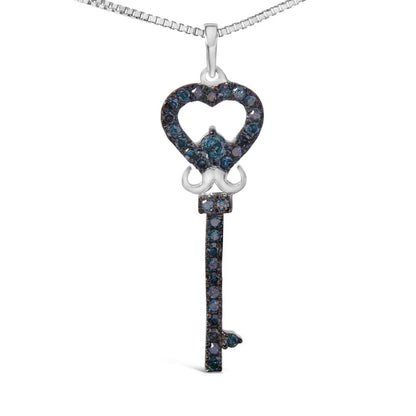 .925 sterling silver 1/3 ctw blue diamond studded key 18’’ pendant necklace (blue color i2 i3 clarity) necklaces/pendant/pendant