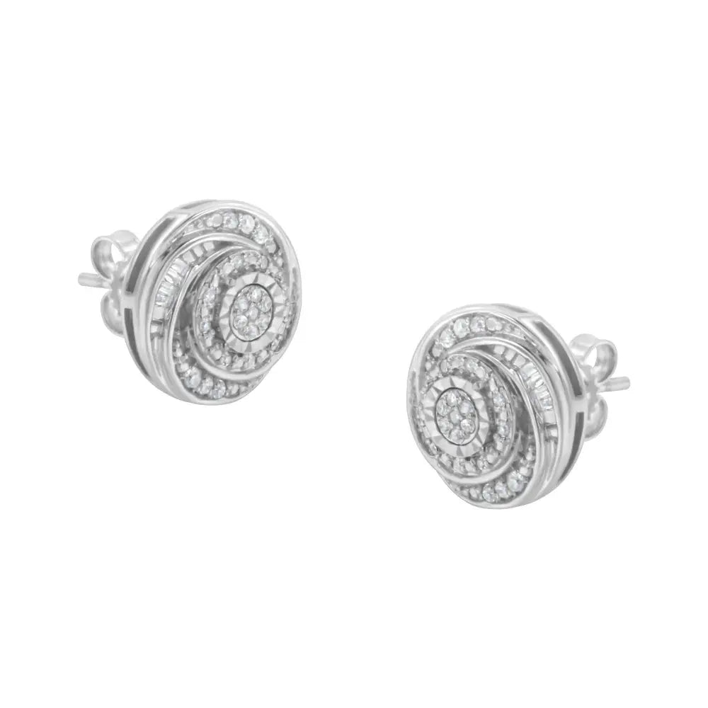 .925 Sterling Silver 1/4 Cttw Baguette and Round Diamond Swirl Love Knot Stud Earrings (I-J Color, I3 Clarity) - Bijoux-NYC Direct