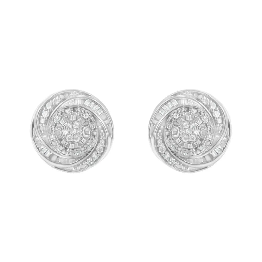 .925 Sterling Silver 1/4 Cttw Baguette and Round Diamond Swirl Love Knot Stud Earrings (I-J Color, I3 Clarity) - Bijoux-NYC Direct