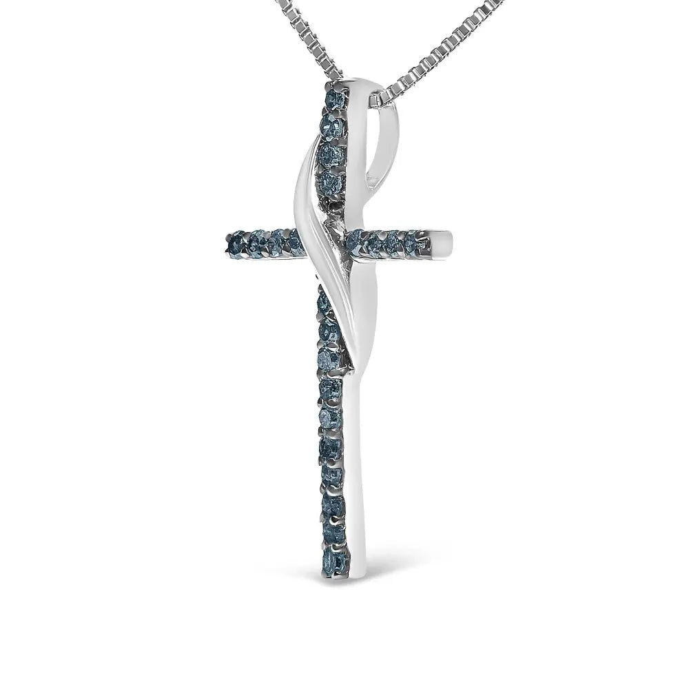 .925 sterling silver 1/4 cttw blue diamond ribbon swirl over cross pendant necklace (blue color i2 i3 clarity) 18’’ inches