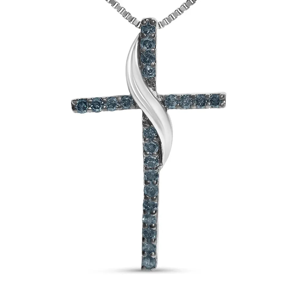 .925 sterling silver 1/4 cttw blue diamond ribbon swirl over cross pendant necklace (blue color i2 i3 clarity) 18’’ inches