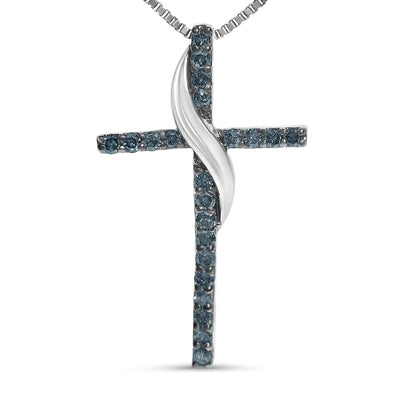.925 sterling silver 1/4 cttw blue diamond ribbon swirl over cross pendant necklace (blue color i2 i3 clarity) 18’’ inches