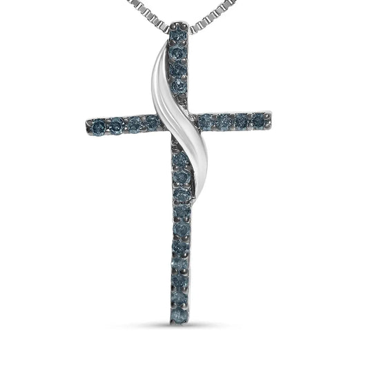 .925 sterling silver 1/4 cttw blue diamond ribbon swirl over cross pendant necklace (blue color i2 i3 clarity) 18’’ inches