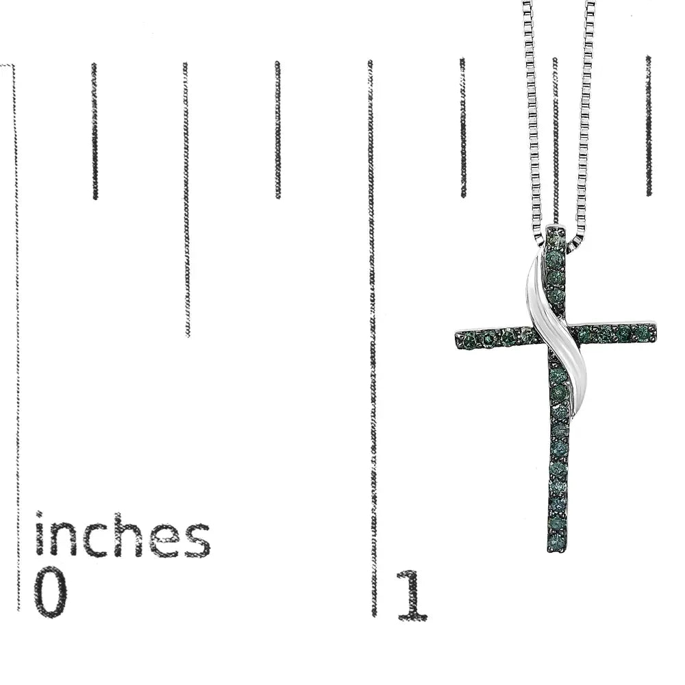 .925 sterling silver 1/4 cttw blue diamond ribbon swirl over cross pendant necklace (blue color i2 i3 clarity) 18’’ inches