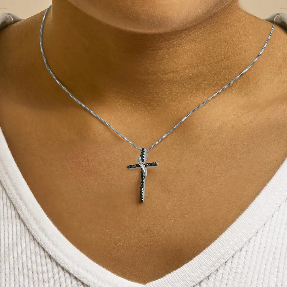.925 sterling silver 1/4 cttw blue diamond ribbon swirl over cross pendant necklace (blue color i2 i3 clarity) 18’’ inches