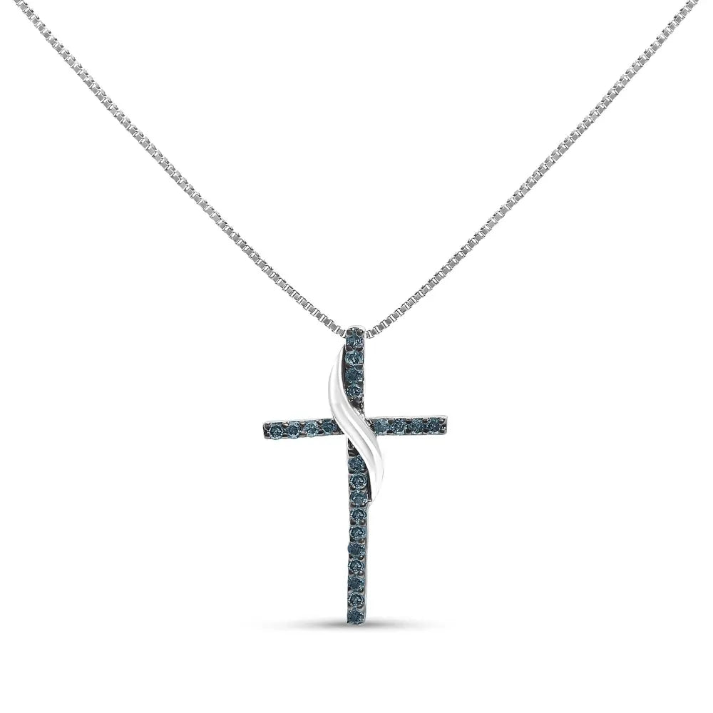 .925 sterling silver 1/4 cttw blue diamond ribbon swirl over cross pendant necklace (blue color i2 i3 clarity) 18’’ inches