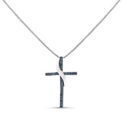 .925 sterling silver 1/4 cttw blue diamond ribbon swirl over cross pendant necklace (blue color i2 i3 clarity) 18’’ inches