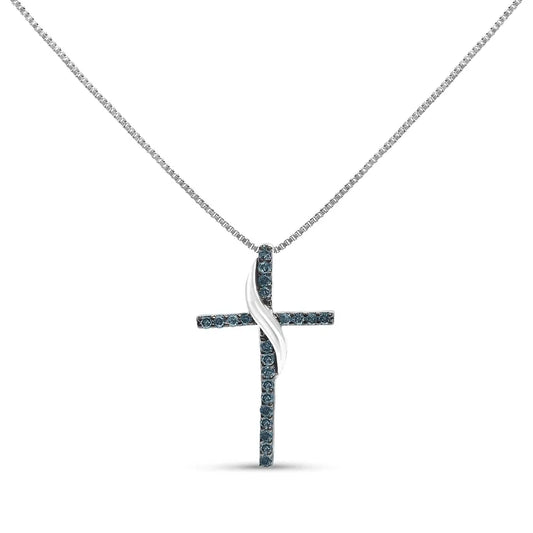 .925 sterling silver 1/4 cttw blue diamond ribbon swirl over cross pendant necklace (blue color i2 i3 clarity) 18’’ inches