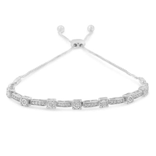 .925 Sterling Silver 1/4 Cttw Diamond 4”-10” Adjustable Bolo Alternating Square and Rectangle Bolo Bracelet (I-J Color, I3 Clarity) - Bijoux-NYC Direct
