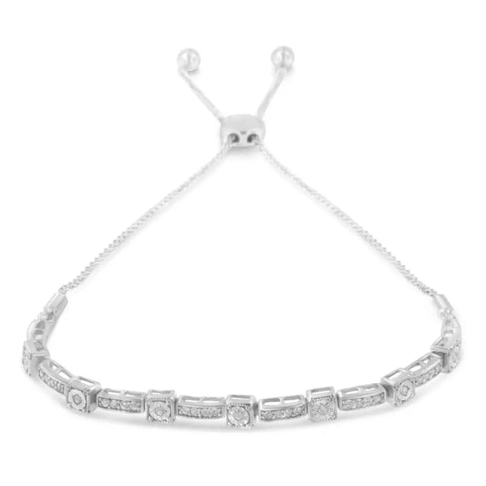 .925 Sterling Silver 1/4 Cttw Diamond 4”-10” Adjustable Bolo Alternating Square and Rectangle Bolo Bracelet (I-J Color, I3 Clarity) - Bijoux-NYC Direct