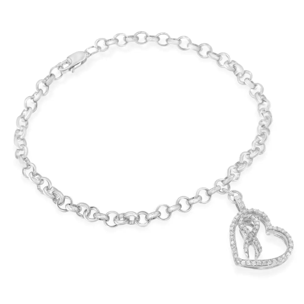 .925 sterling silver 1/4 cttw diamond accented heart and ribbon charm 7’’ link chain bracelet (h i color i1 i2 clarity)