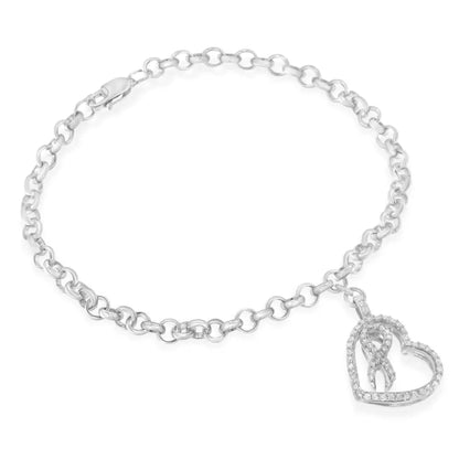 .925 sterling silver 1/4 cttw diamond accented heart and ribbon charm 7’’ link chain bracelet (h i color i1 i2 clarity)