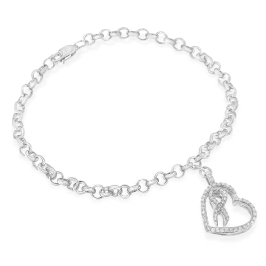 .925 sterling silver 1/4 cttw diamond accented heart and ribbon charm 7’’ link chain bracelet (h i color i1 i2 clarity)