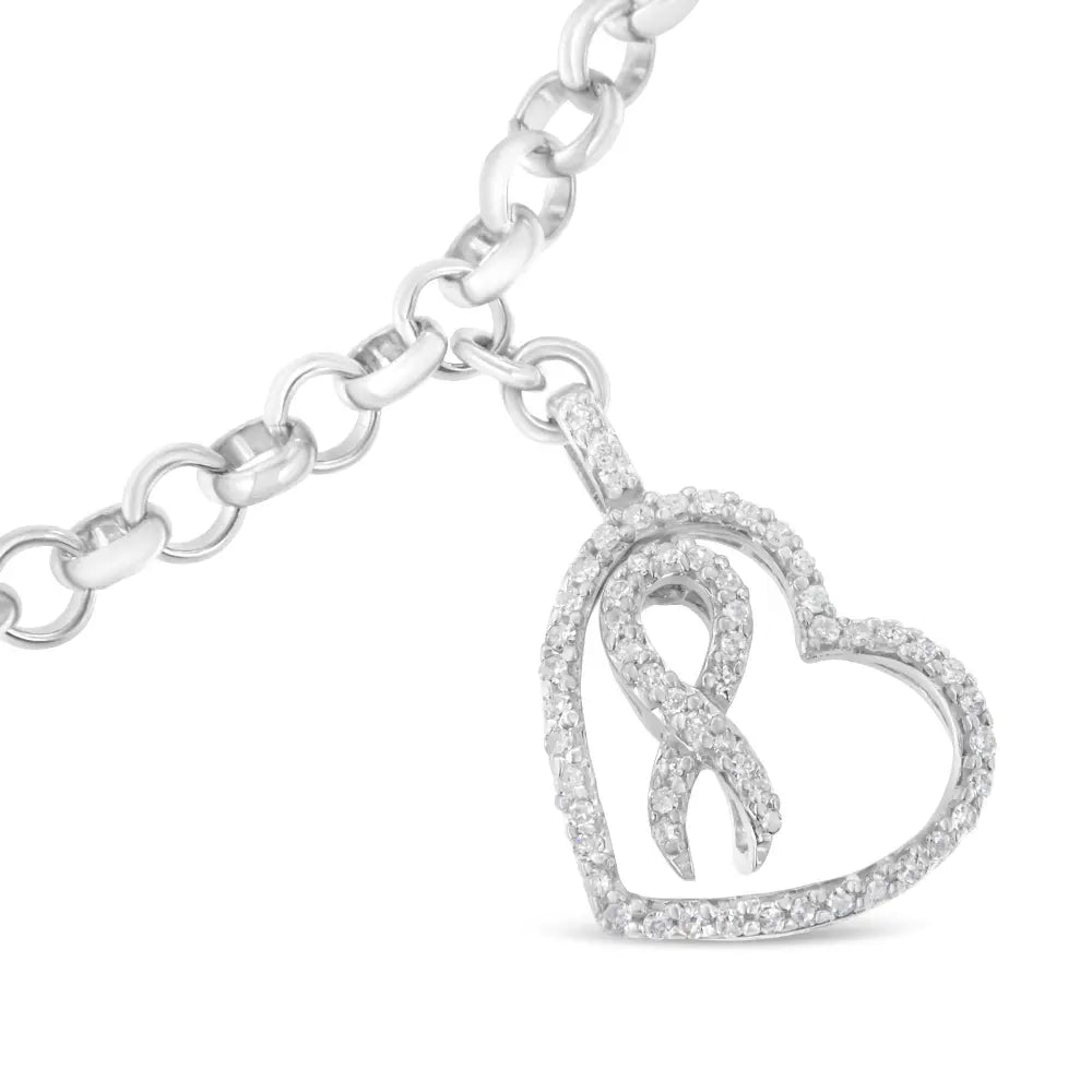 .925 sterling silver 1/4 cttw diamond accented heart and ribbon charm 7’’ link chain bracelet (h i color i1 i2 clarity)