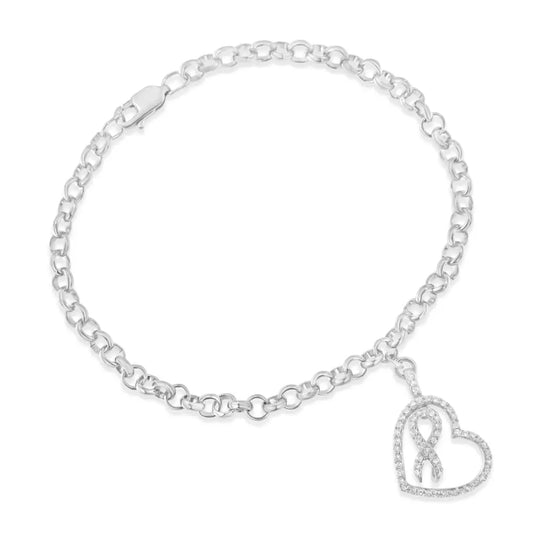 .925 sterling silver 1/4 cttw diamond accented heart and ribbon charm 7’’ link chain bracelet (h i color i1 i2 clarity)