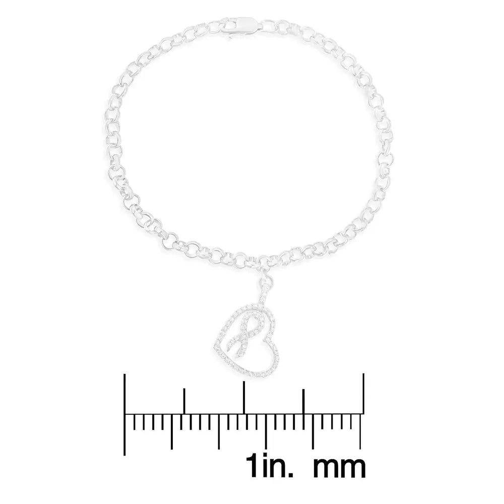 .925 sterling silver 1/4 cttw diamond accented heart and ribbon charm 7’’ link chain bracelet (h i color i1 i2 clarity)