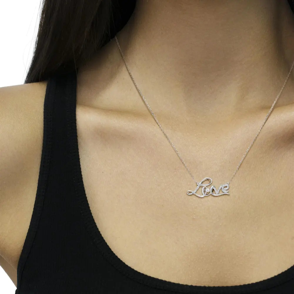 .925 Sterling Silver 1/4 Cttw Diamond Cursive "Love" 18" Pendant Necklace (H-I Color, I1-I2 Clarity) - Bijoux-NYC Direct