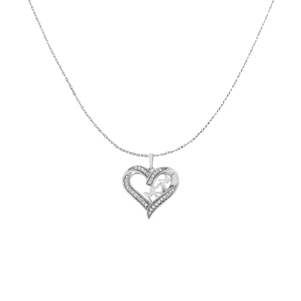 .925 Sterling Silver 1/4 cttw Diamond Engraved "Mom" in Heart Pendant Necklace (I-J Color, I3 Clarity) - Bijoux-NYC Direct
