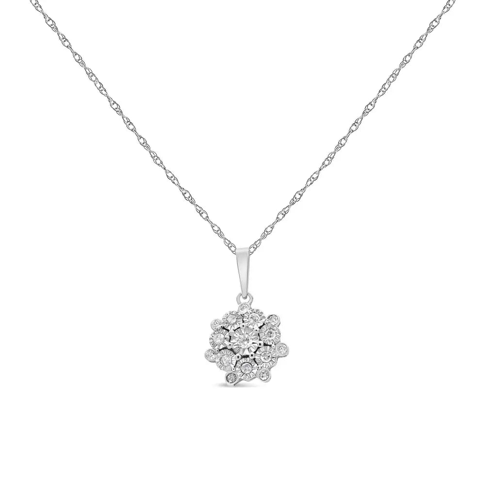 .925 Sterling Silver 1/4 cttw Diamond Floral Cluster Pendant Necklace (I-J, I2-I3) - Bijoux-NYC Direct
