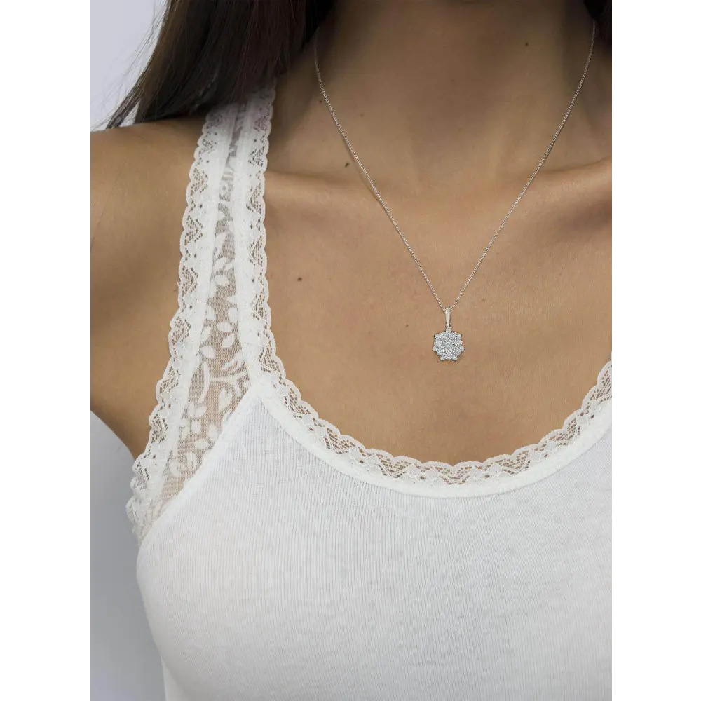 .925 Sterling Silver 1/4 cttw Diamond Floral Cluster Pendant Necklace (I-J, I2-I3) - Bijoux-NYC Direct