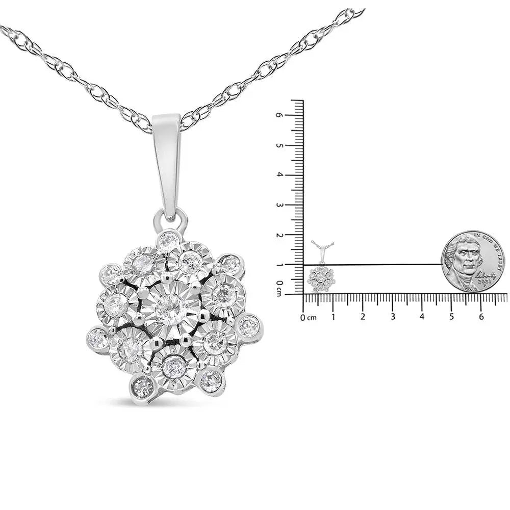 .925 Sterling Silver 1/4 cttw Diamond Floral Cluster Pendant Necklace (I-J, I2-I3) - Bijoux-NYC Direct