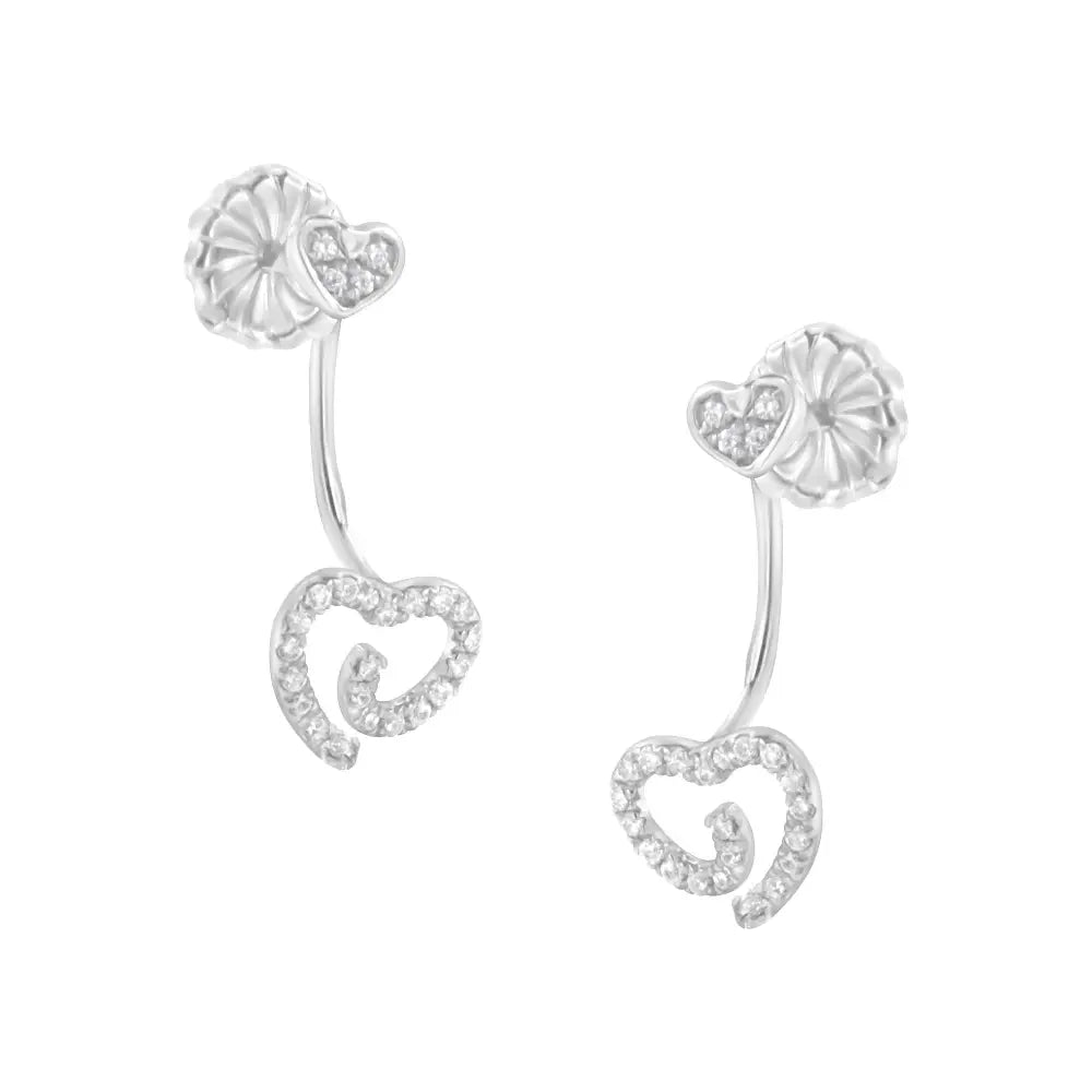Sterling silver 1/4 cttw diamond swirl heart front back jacket earrings bijoux-nyc direct