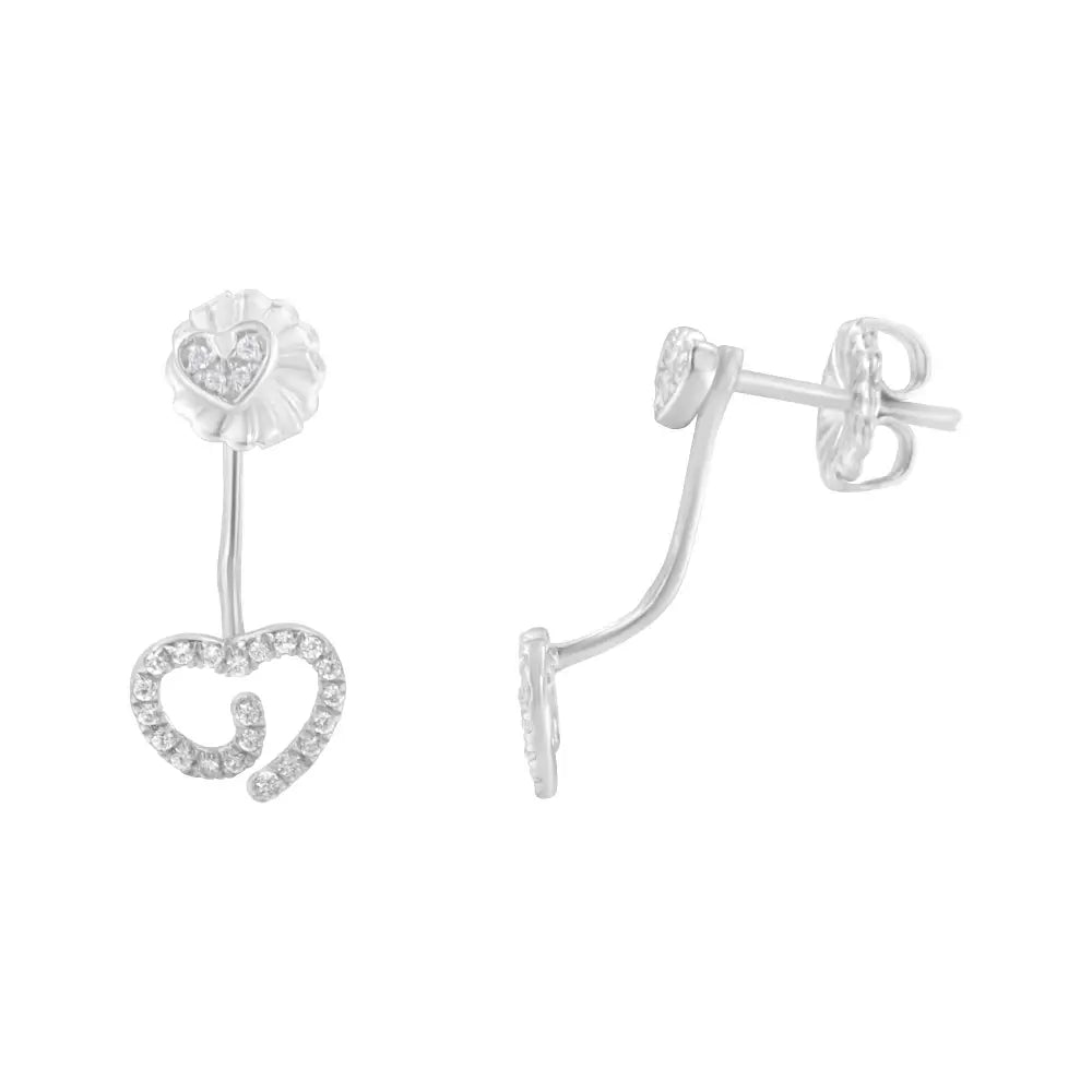 Sterling silver 1/4 cttw diamond swirl heart front back jacket earrings bijoux-nyc direct