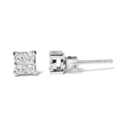 .925 Sterling Silver 1/4 Cttw Invisible Set Princess Diamond Composite Quad Stud Earrings (I-J Color, I1-I2 Clarity) - Bijoux-NYC Direct